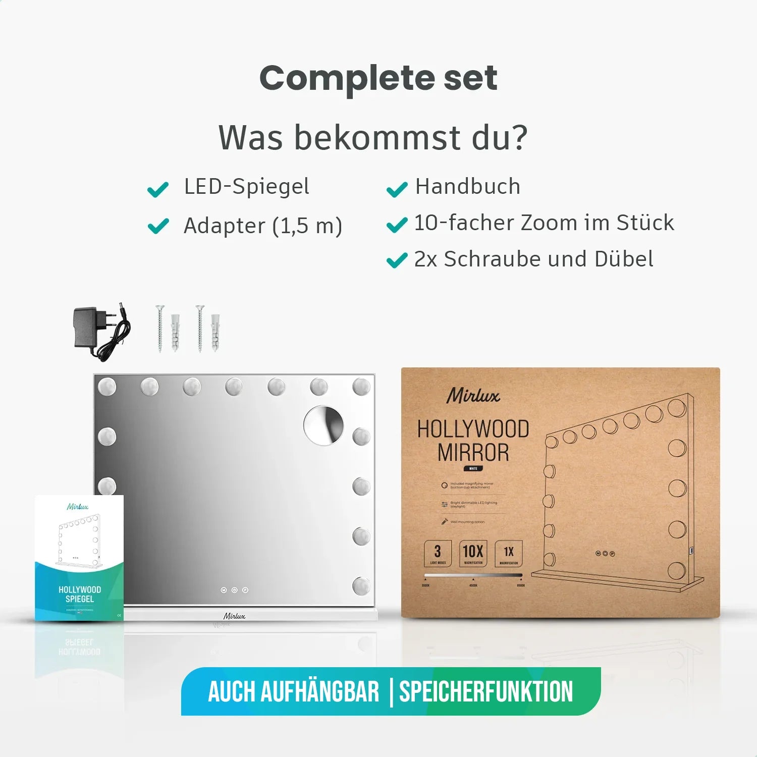 Hollywood Spiegel - Bluetooth-Lautsprecher - 58x48cm - Weiß
