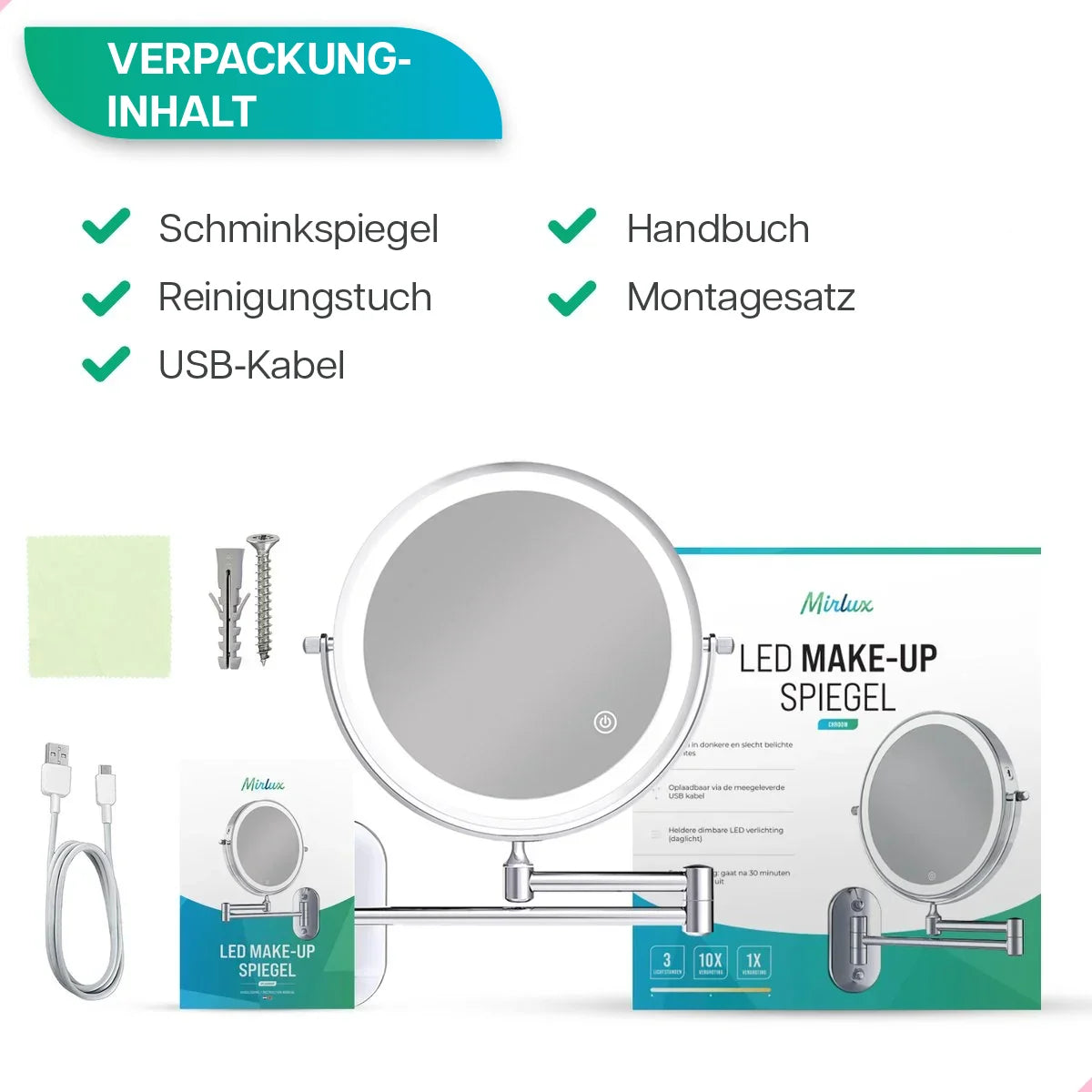 Schminkspiegel - Wiederaufladbar - 5-fache Vergrößerung - Chrom