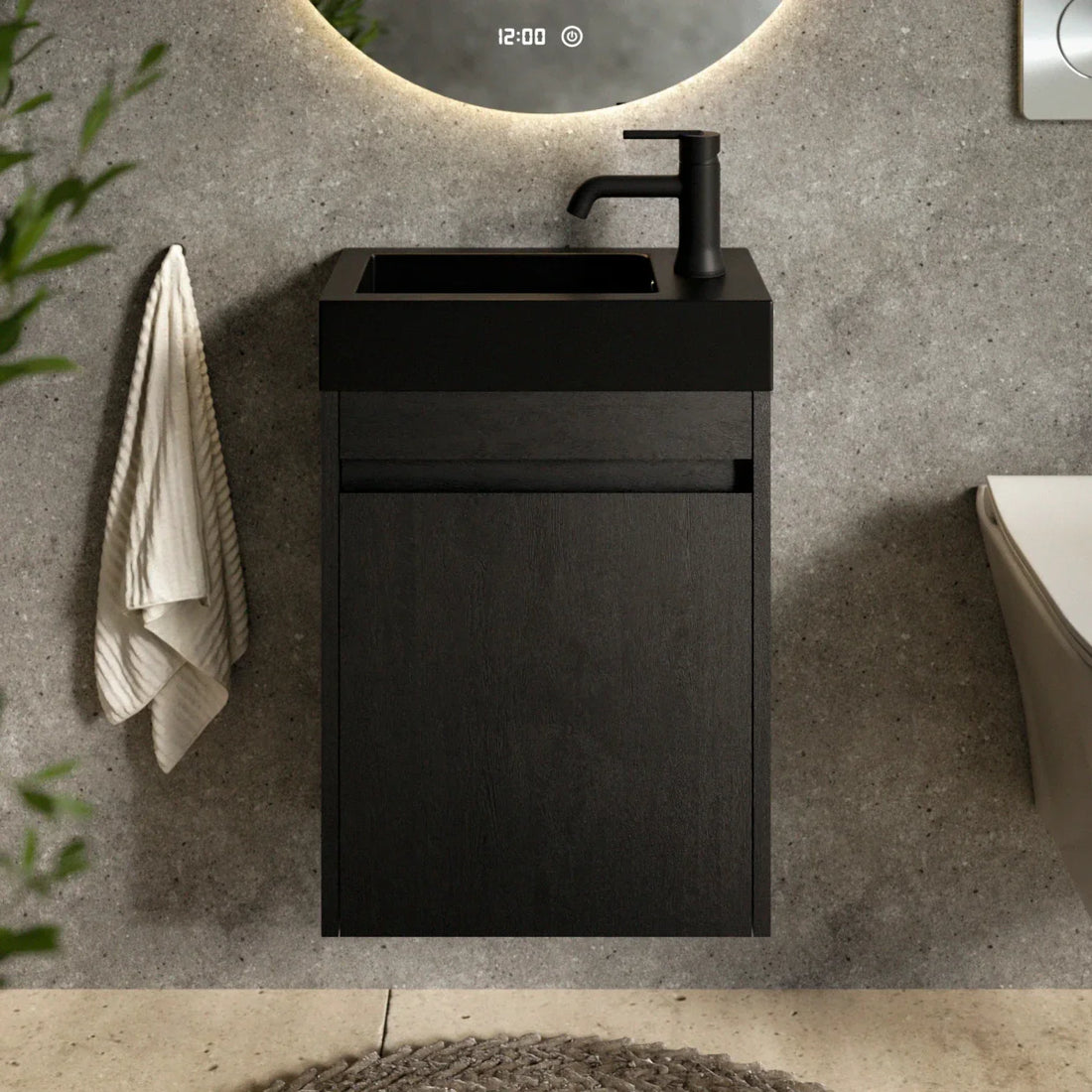 Gäste-WC-Möbel Elen – 40 cm – Schwarze Eiche - Schwarzes Waschbecken