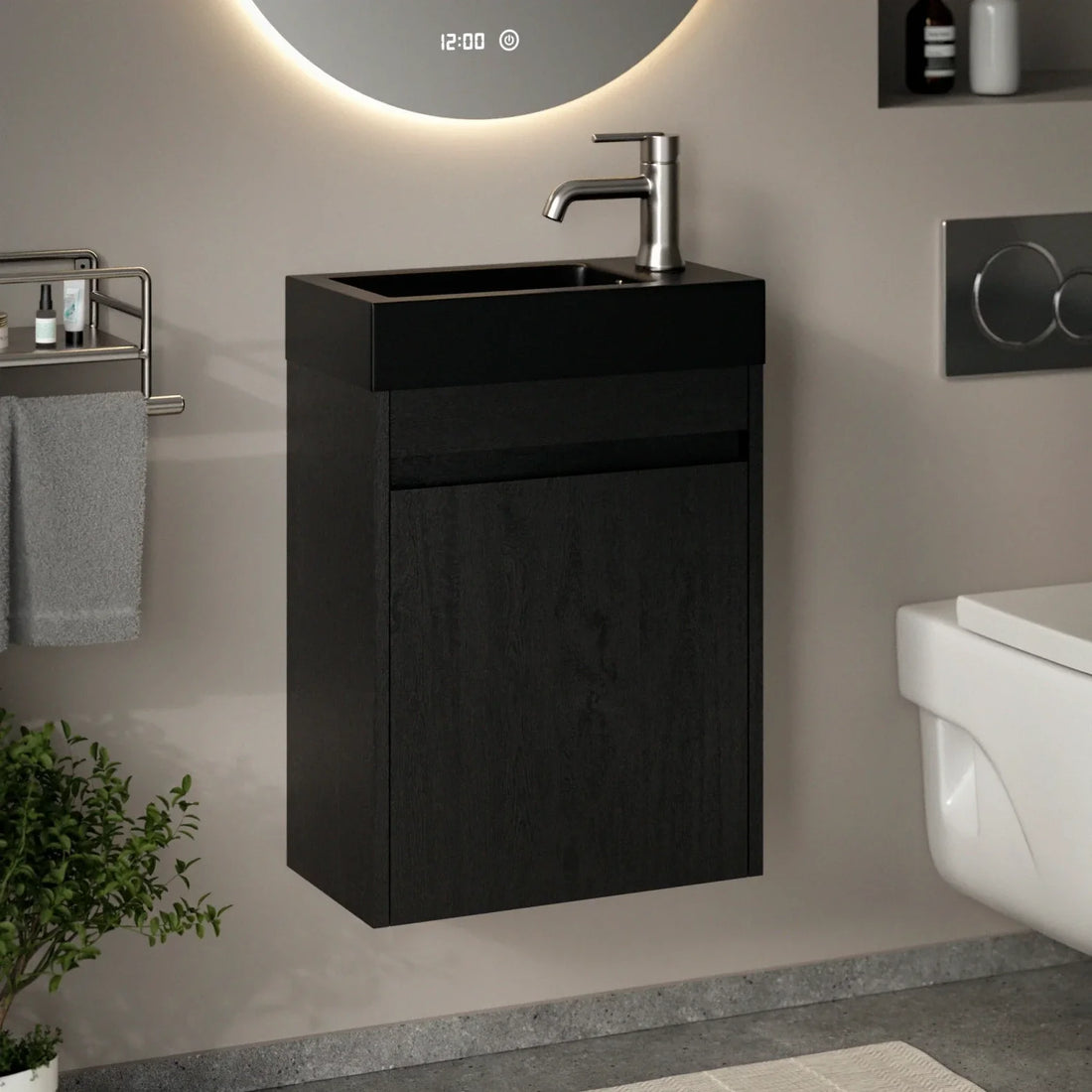 Gäste-WC-Möbel Elen – 40 cm – Schwarze Eiche - Schwarzes Waschbecken