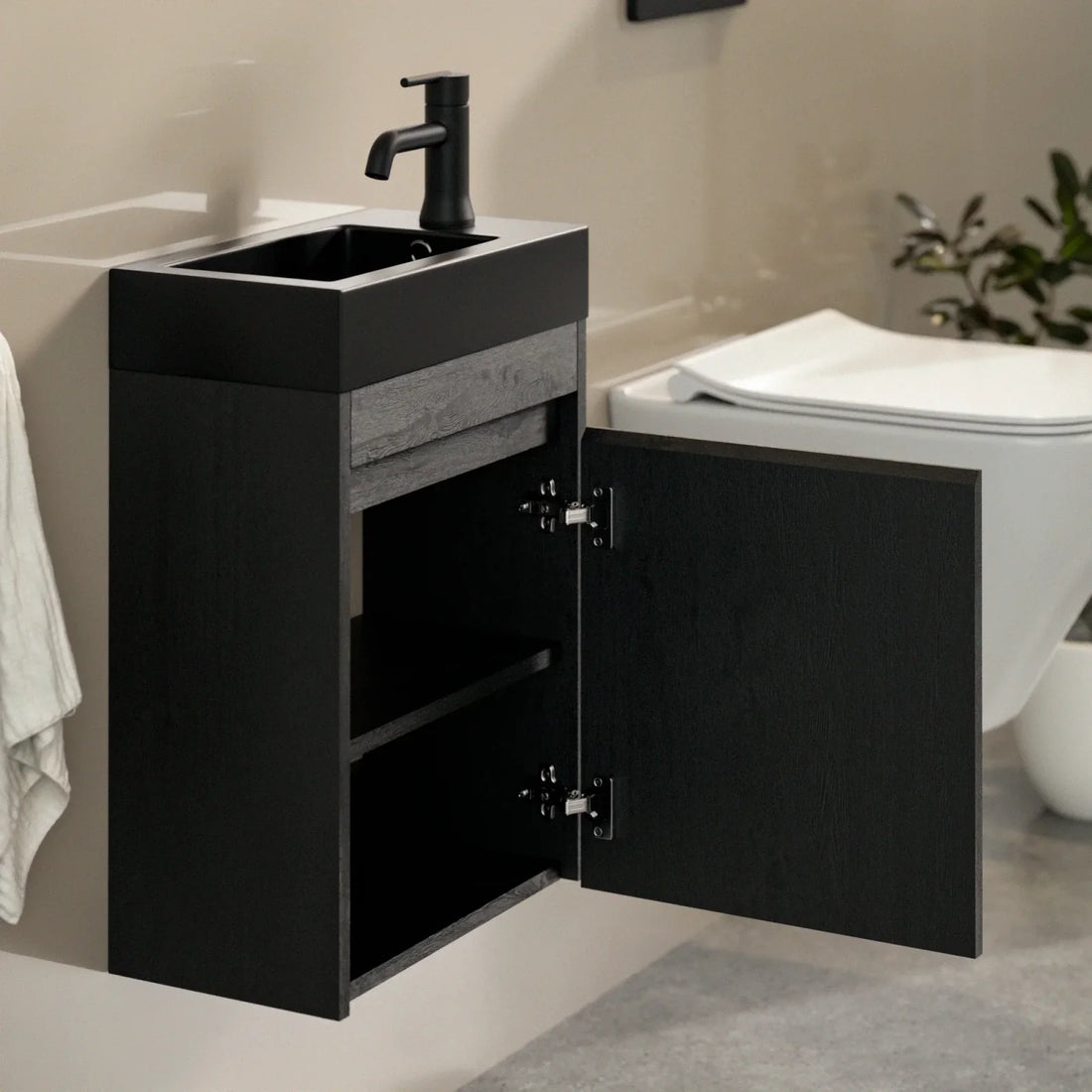 Gäste-WC-Möbel Elen – 40 cm – Schwarze Eiche - Schwarzes Waschbecken
