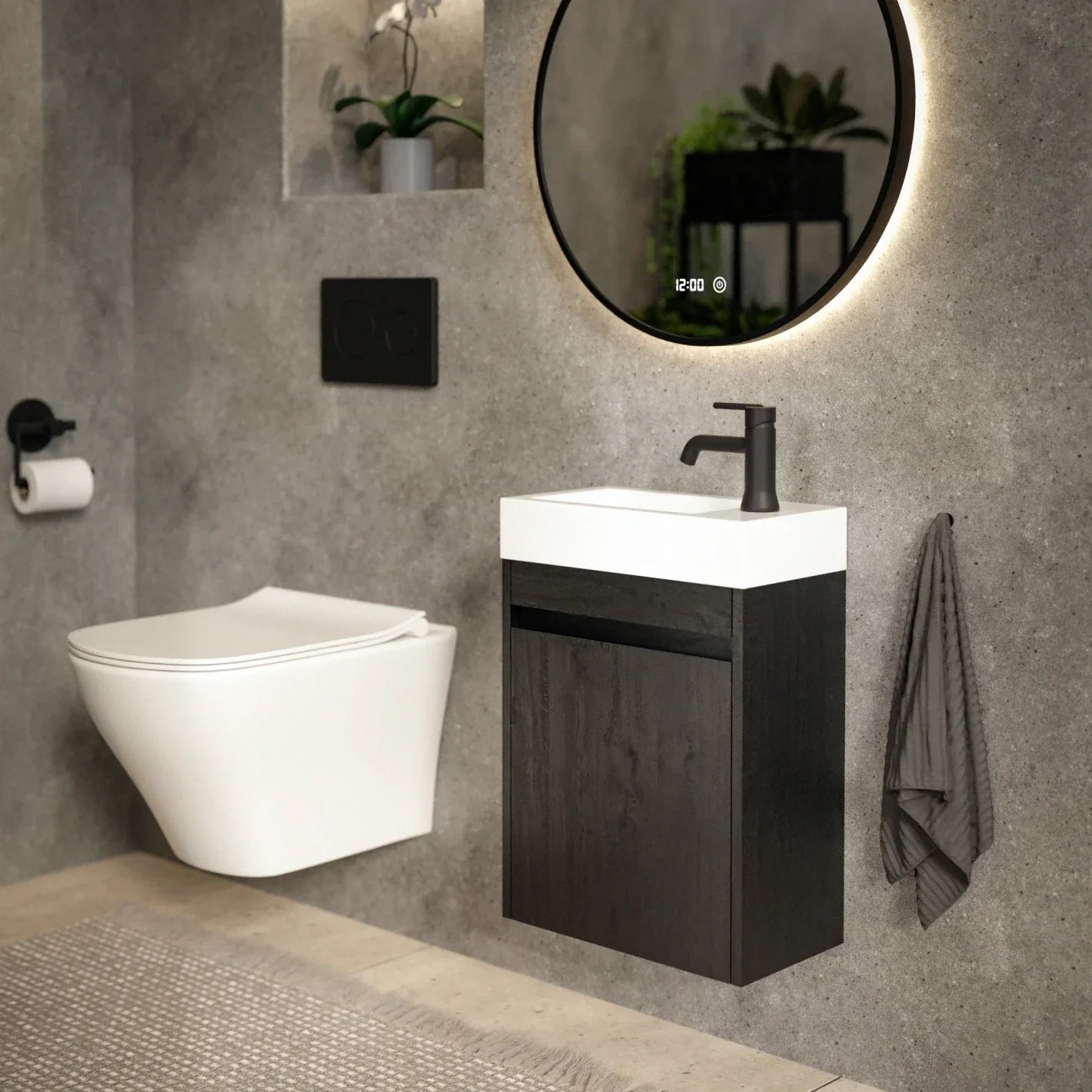 Gäste-WC-Möbel Vivo – 40 cm – Schwarze Eiche – Weißes Waschbecken