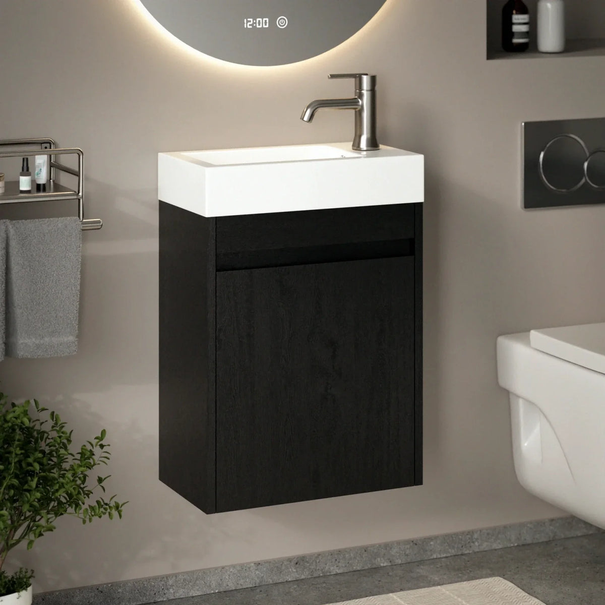 Gäste-WC-Möbel Vivo – 40 cm – Schwarze Eiche – glänzend weißes Waschbecken