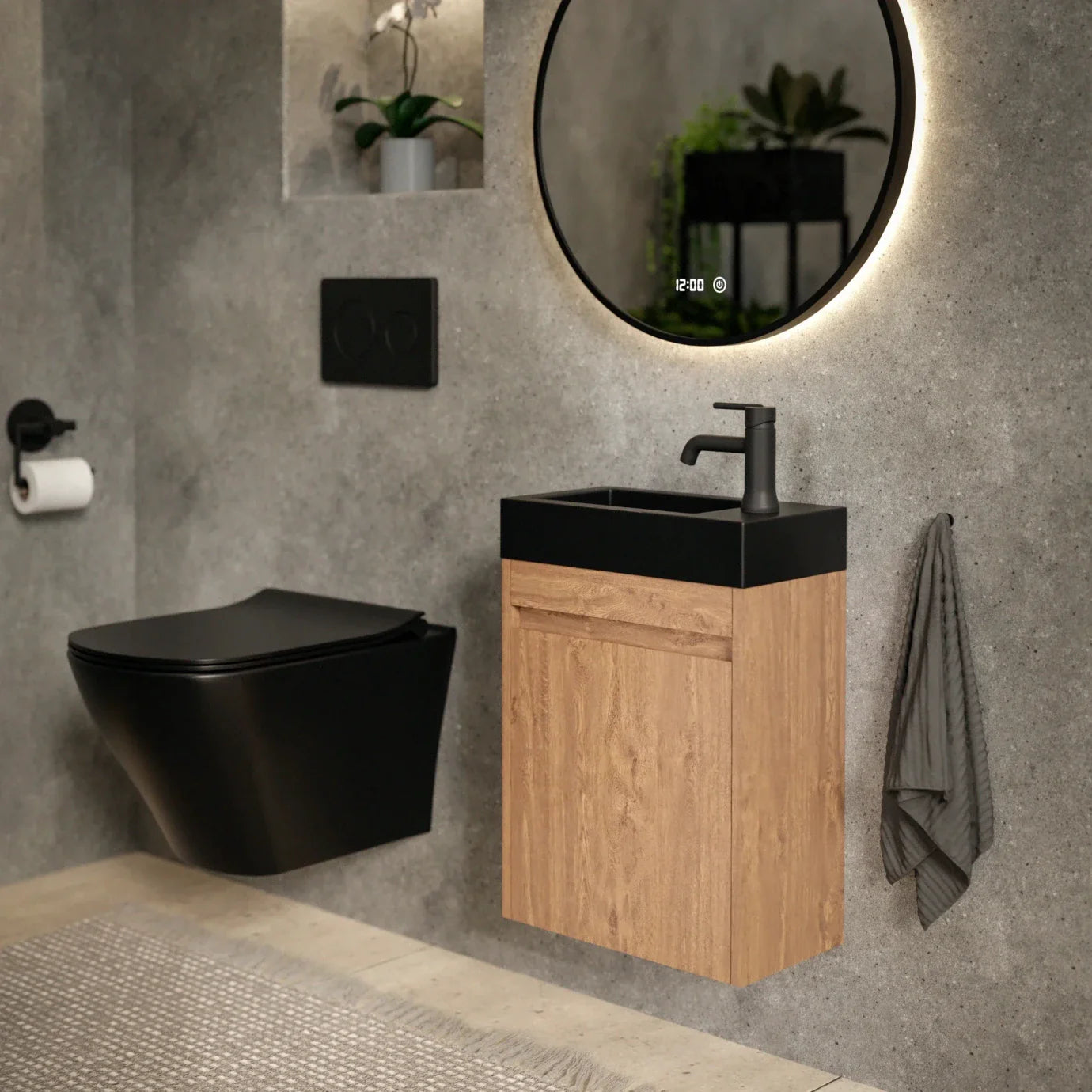 Gäste-WC-Möbel Elen – 40 cm – Warme Eiche – Schwarzes Waschbecken