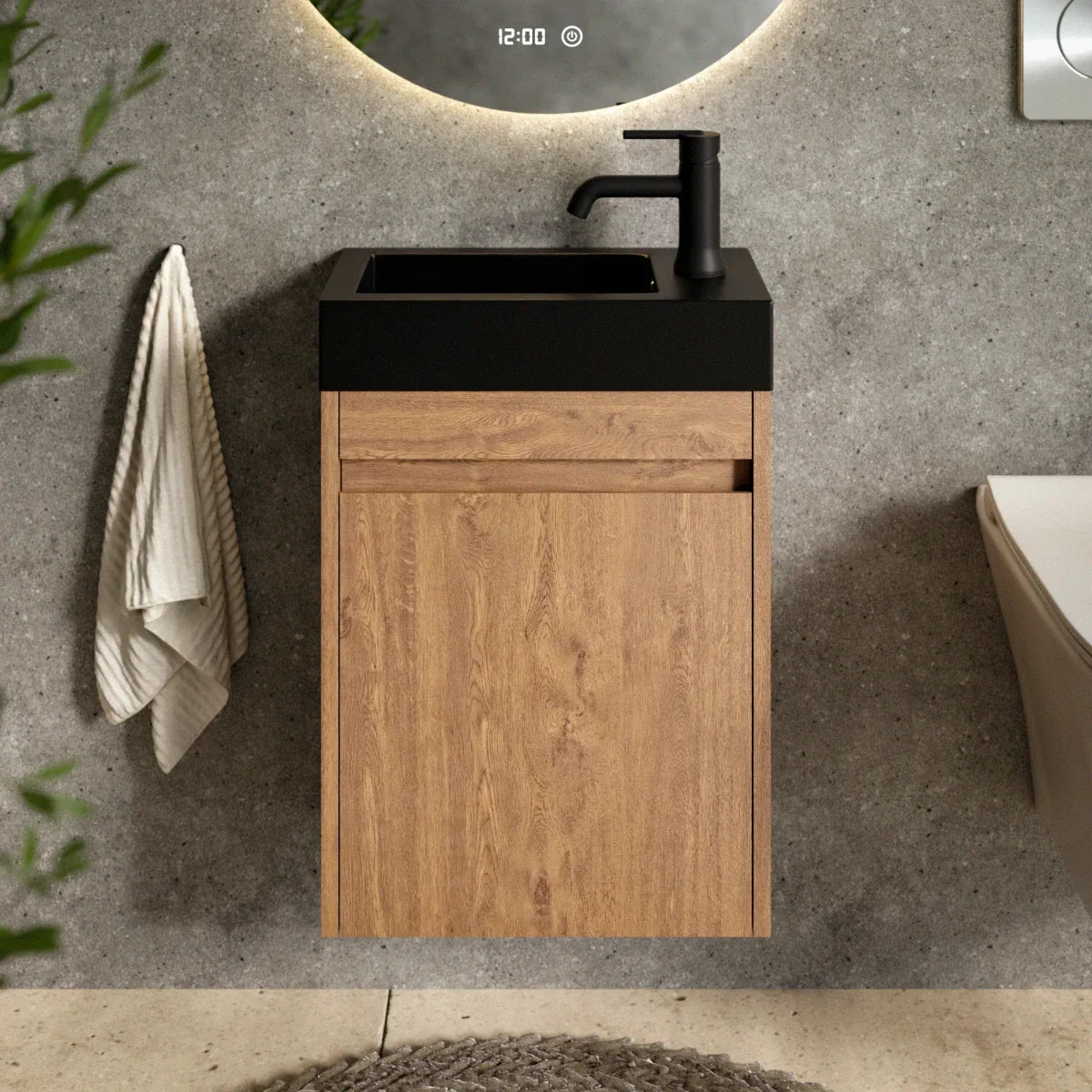 Gäste-WC-Möbel Elen – 40 cm – Warme Eiche – Schwarzes Waschbecken