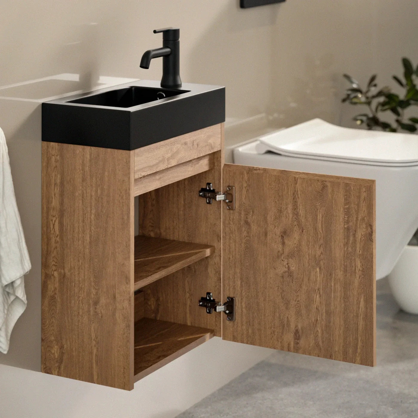 Gäste-WC-Möbel Elen – 40 cm – Warme Eiche – Schwarzes Waschbecken