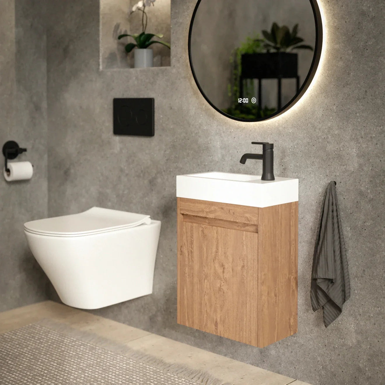 Gäste-WC-Möbel Vivo – 40 cm – Warme Eiche – Weißes Waschbecken