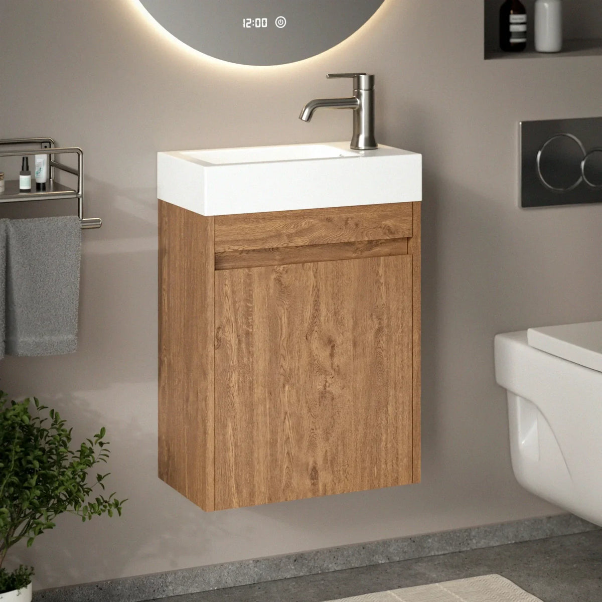 Gäste-WC-Möbel Vivo – 40 cm – Warme Eiche – glänzend weißes Waschbecken