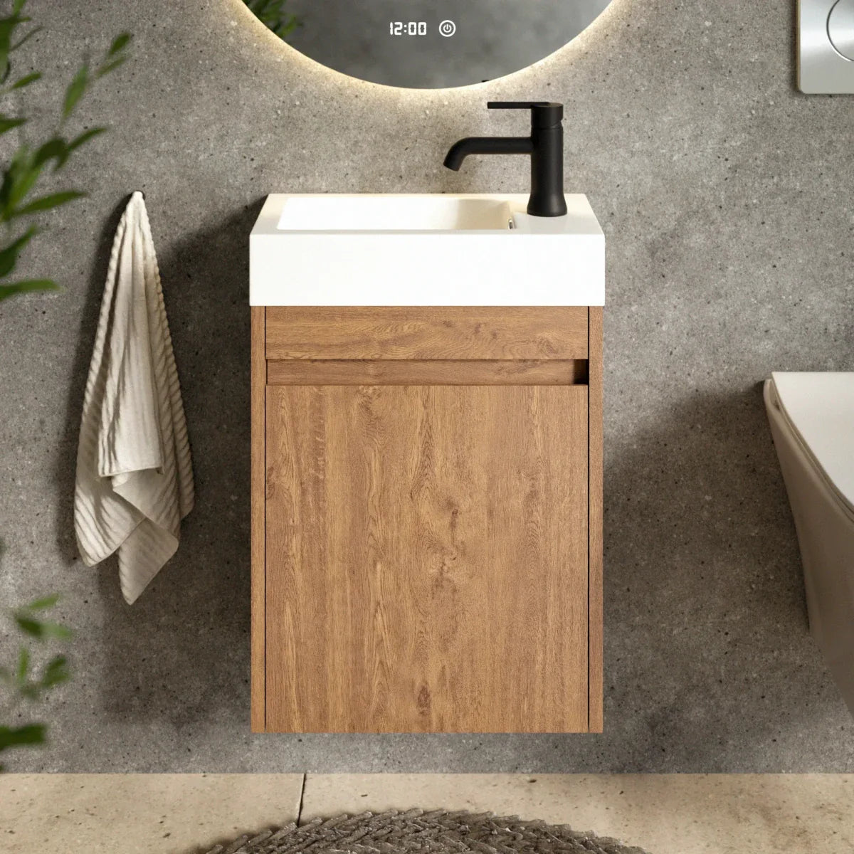 Gäste-WC-Möbel Vivo – 40 cm – Warme Eiche – Weißes Waschbecken