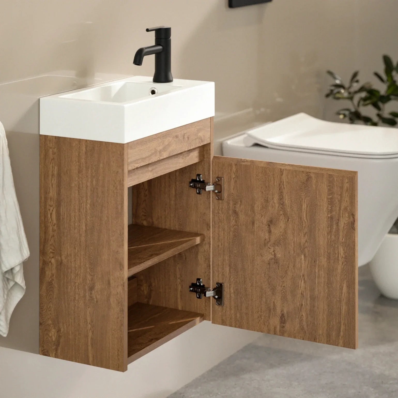 Gäste-WC-Möbel Vivo – 40 cm – Warme Eiche – Weißes Waschbecken