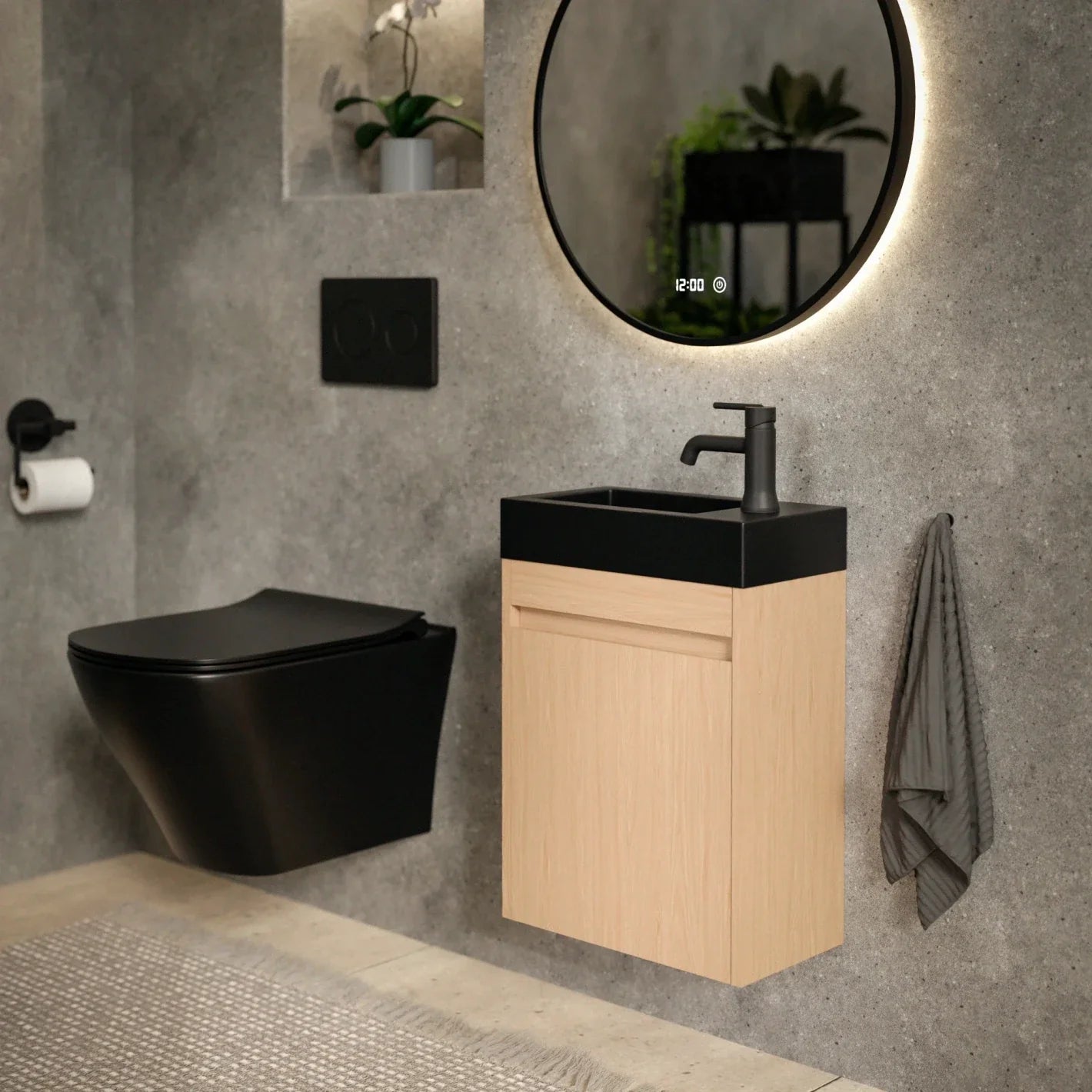 Gäste-WC-Möbel Elen – 40 cm – Helle Eiche – Schwarzes Waschbecken