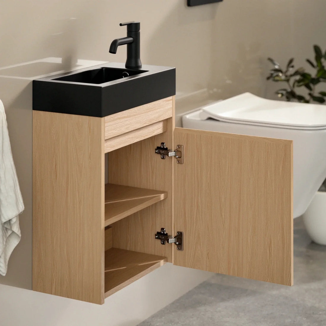 Gäste-WC-Möbel Elen – 40 cm – Helle Eiche – Schwarzes Waschbecken