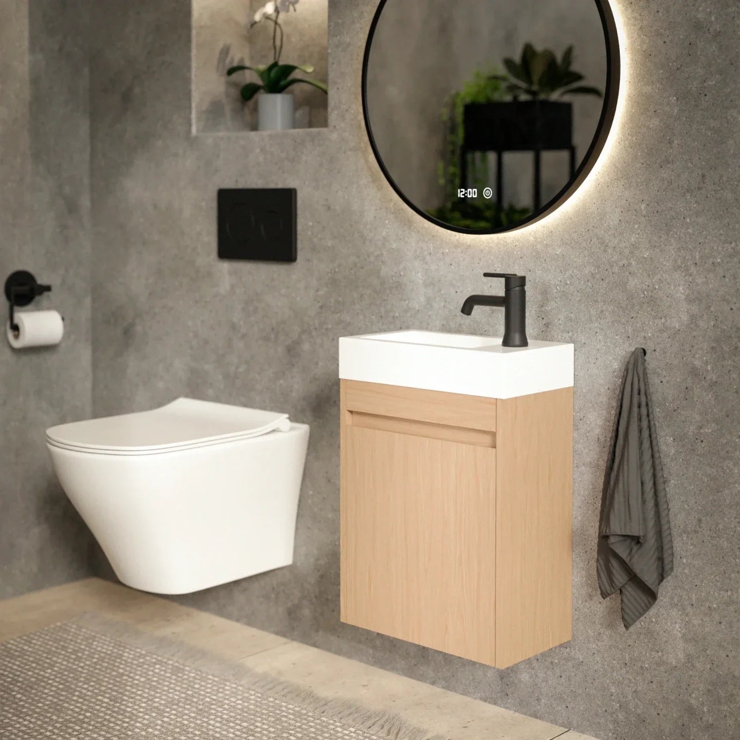 Gäste-WC-Möbel Vivo – 40 cm – Helle Eiche –  Weißes Waschbecken