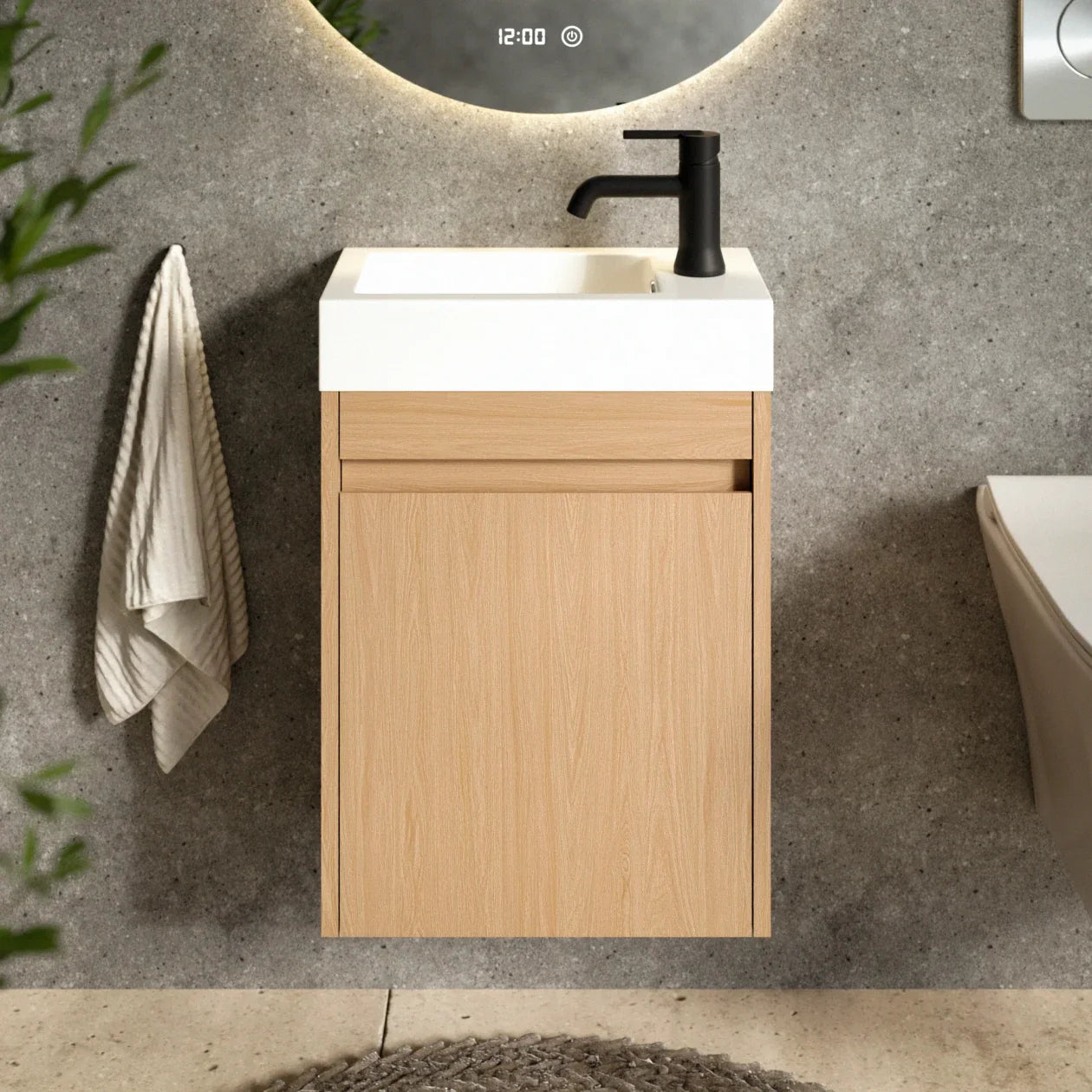 Gäste-WC-Möbel Vivo – 40 cm – Helle Eiche –  Weißes Waschbecken
