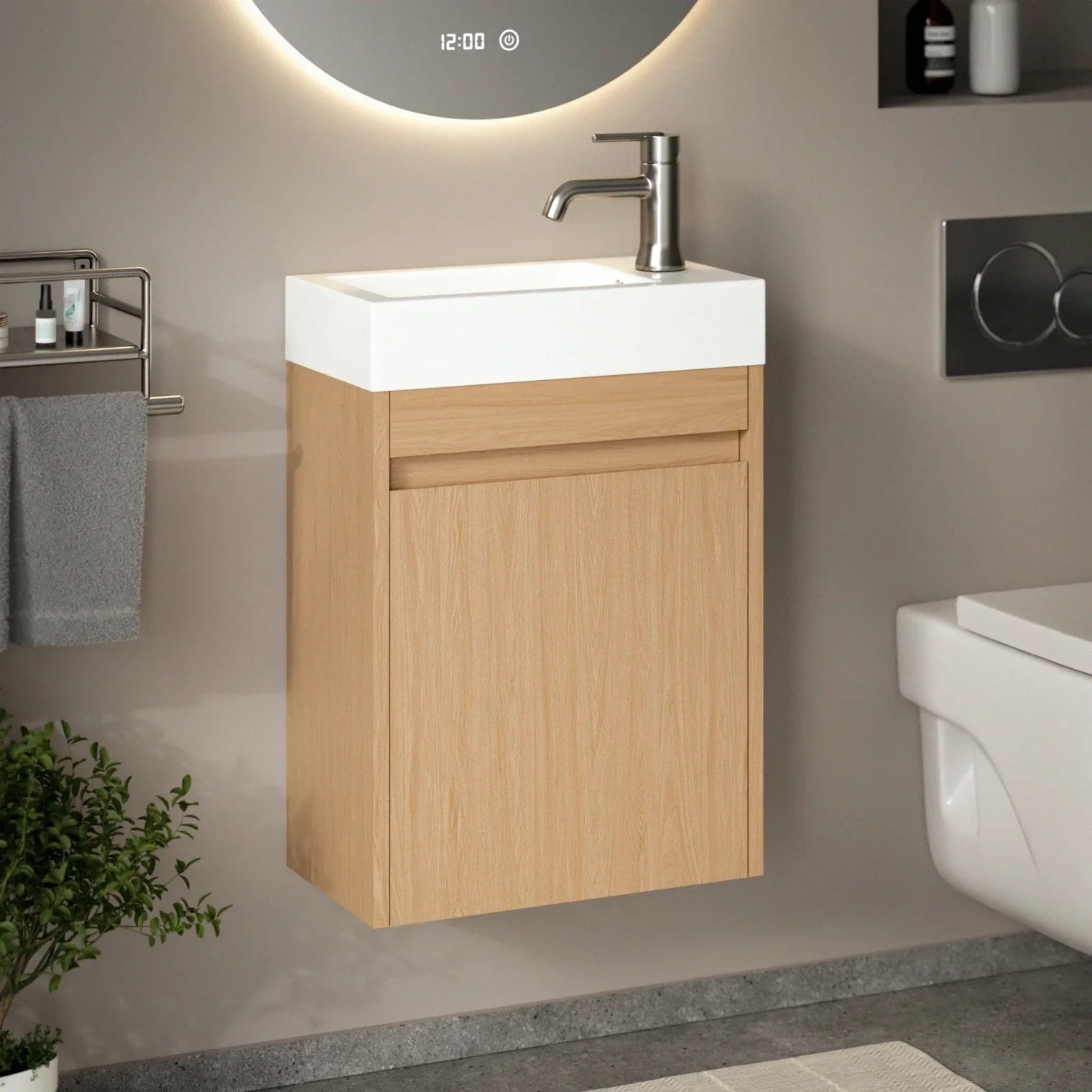 Gäste-WC-Möbel Vivo – 40 cm – Helle Eiche –  Weißes Waschbecken