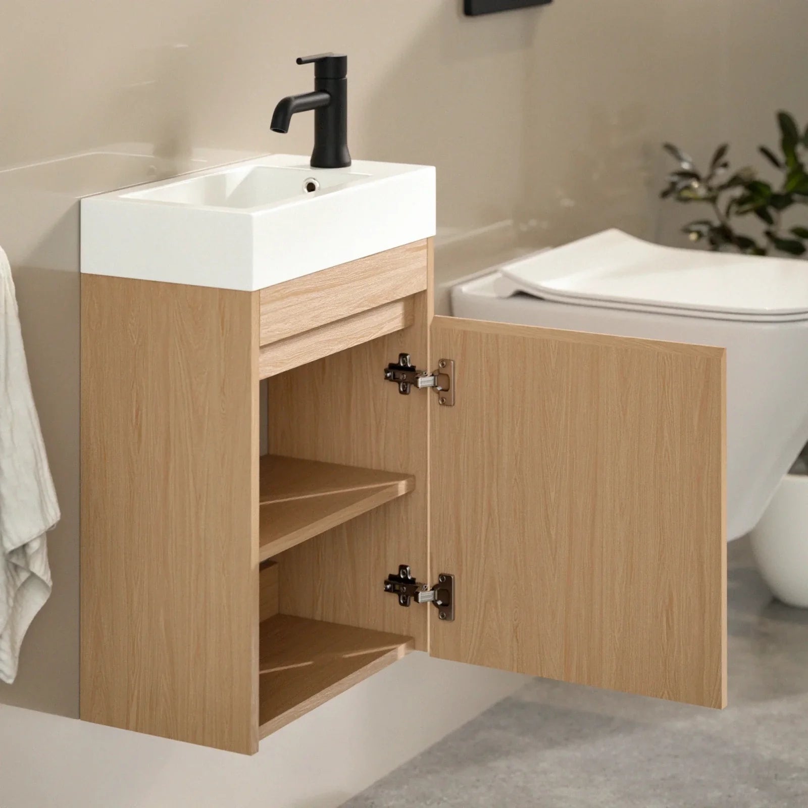 Gäste-WC-Möbel Vivo – 40 cm – Helle Eiche –  Weißes Waschbecken
