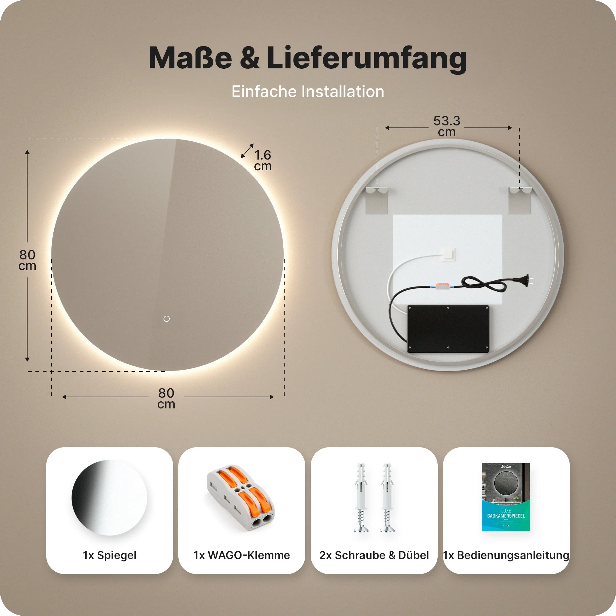 Badezimmerspiegel - Rund - 80cm - Rahmenlos - Vorbestellen