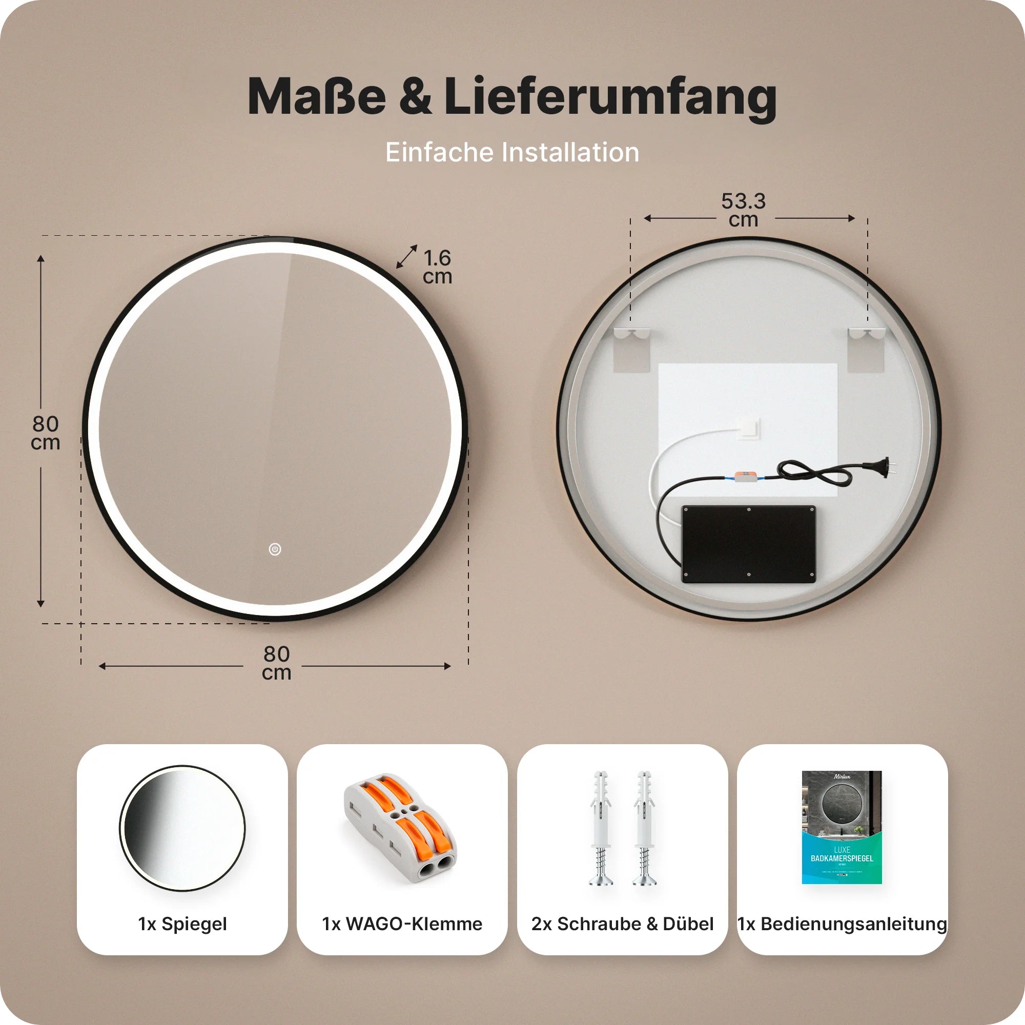 Badezimmerspiegel - 80cm - Schwarzer Rahmen
