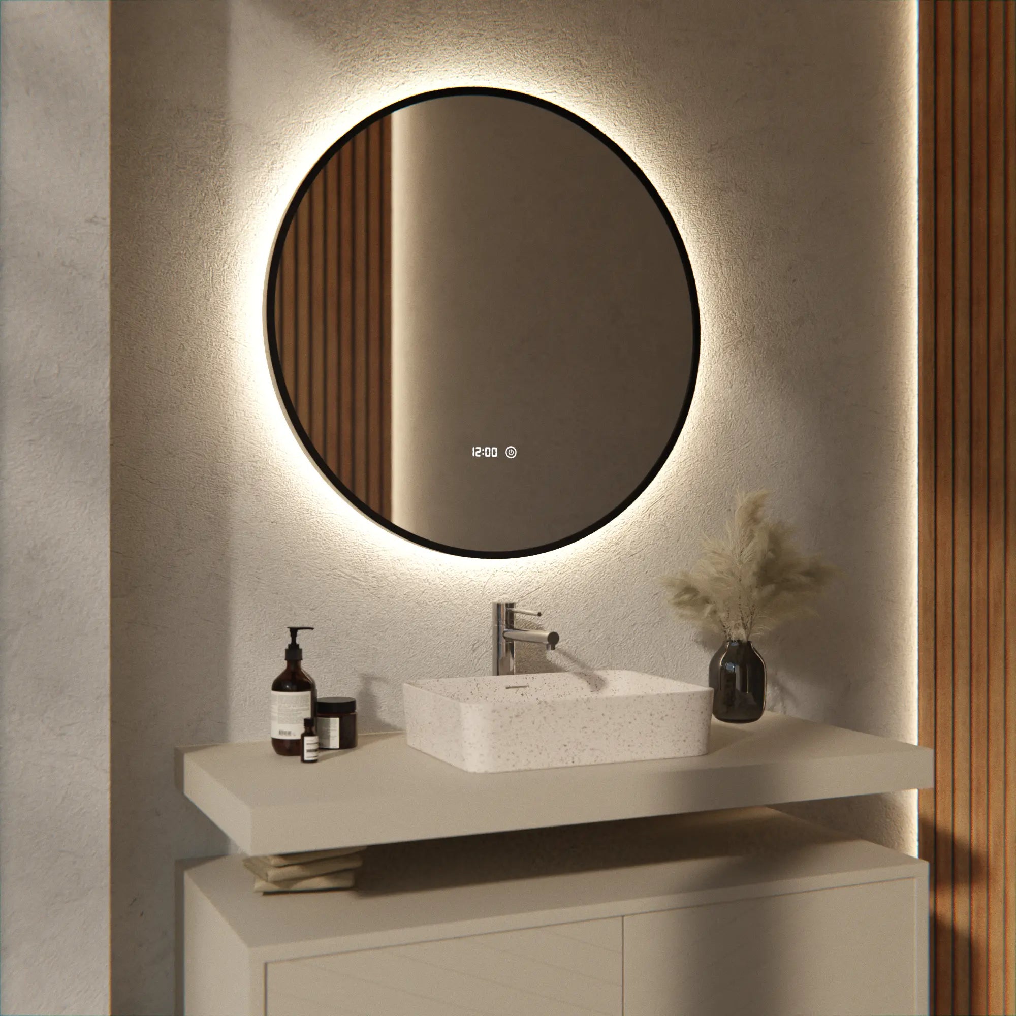 Badezimmerspiegel - Rund - 80cm - Schwarzer Rahmen