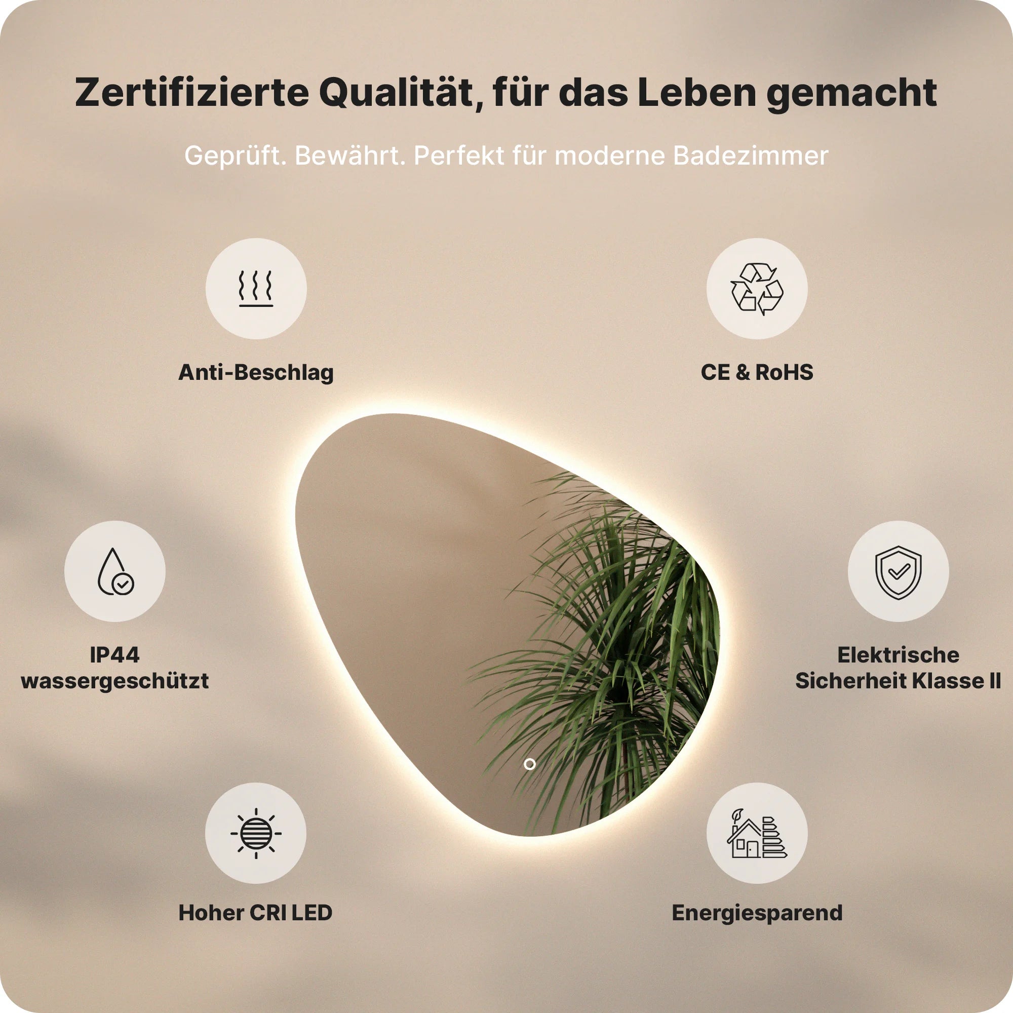 Badezimmerspiegel - 80x80cm Asymmetrisch - Rahmenlos - Vorbestellen