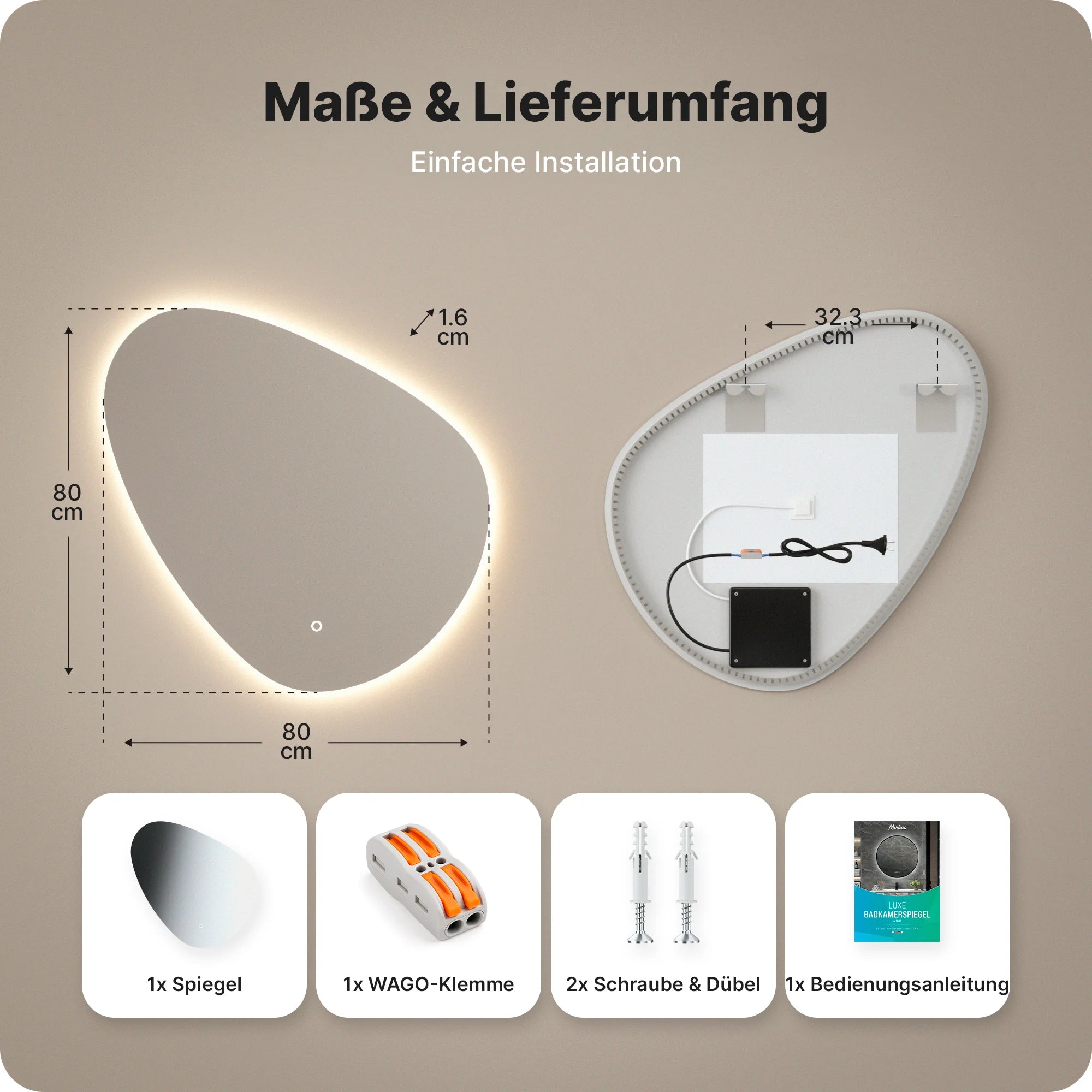 Badezimmerspiegel - 80x80cm Asymmetrisch - Rahmenlos - Vorbestellen