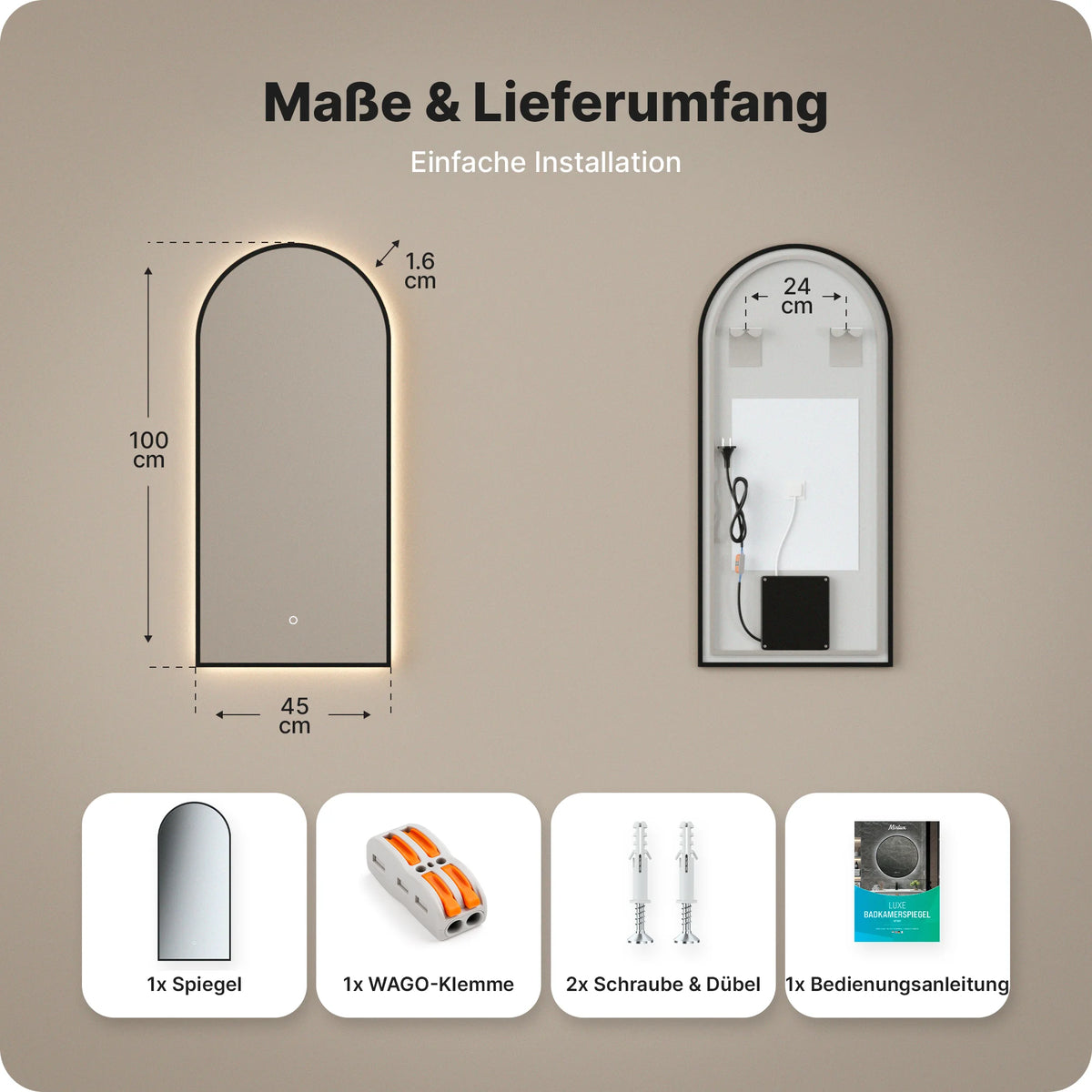 Badezimmerspiegel - 45x100 - Bogenform - Schwarzer Rahmen