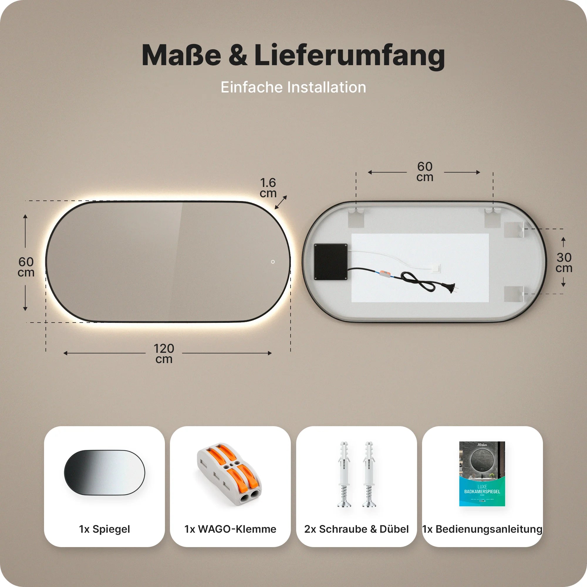 Badezimmerspiegel - 120x60 cm - Schwarzer Rahmen - Oval