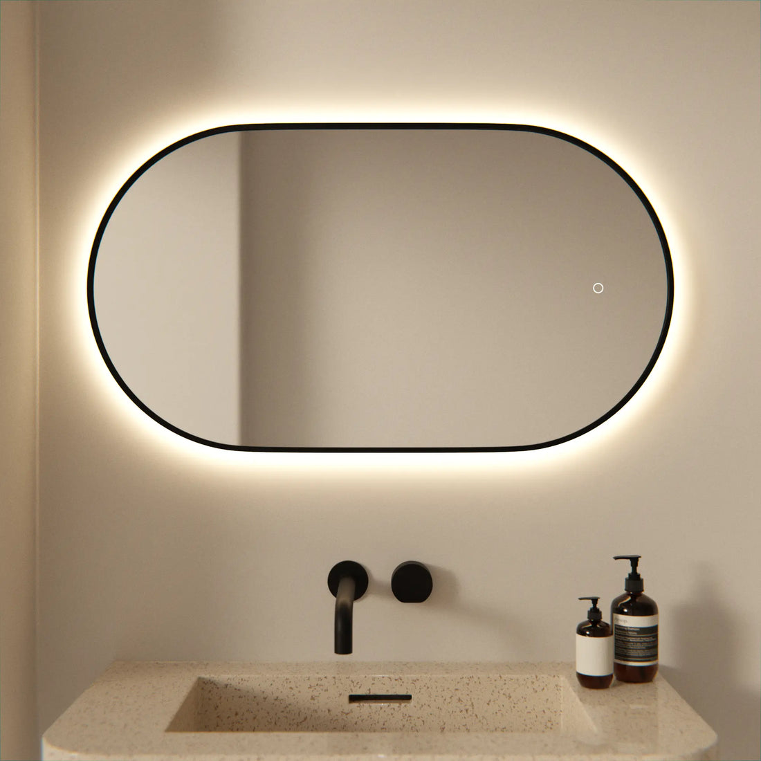 Badezimmerspiegel - 90x50cm - Schwarzer Rahmen - Oval
