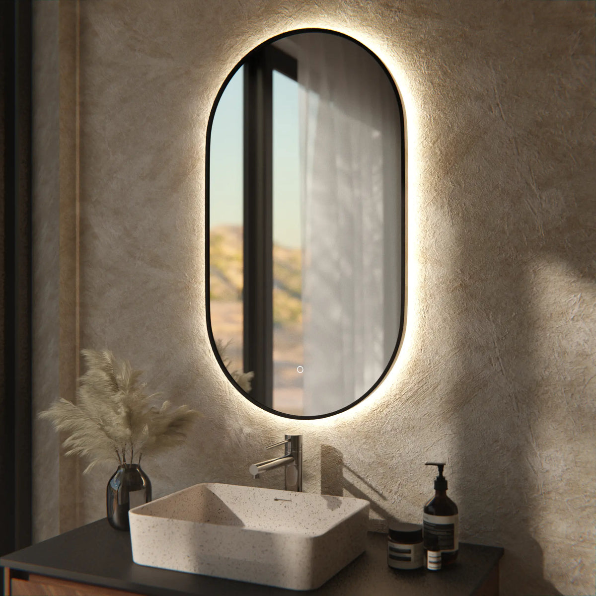 Badezimmerspiegel - 90x50cm - Schwarzer Rahmen - Oval - Vorbestellen