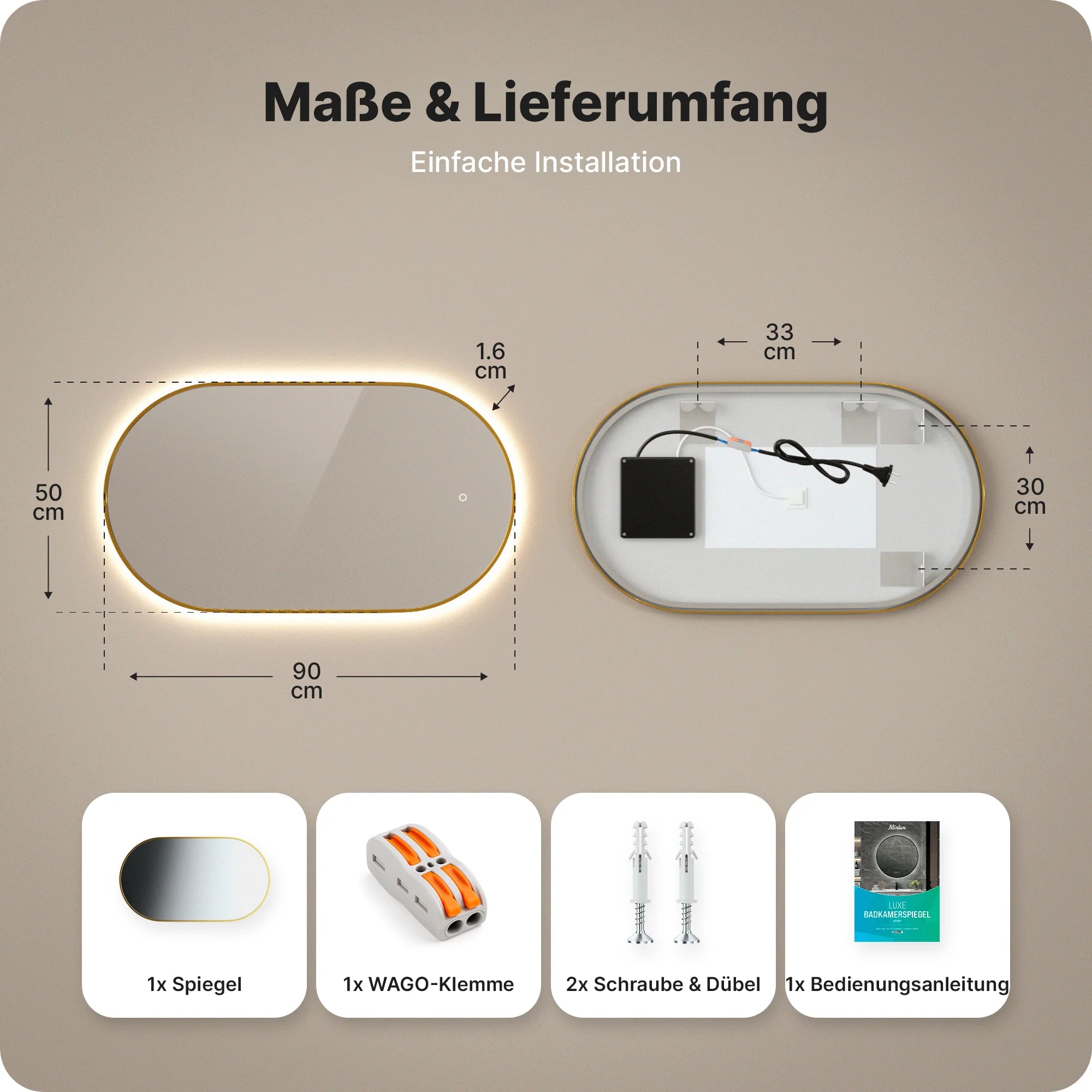 Badezimmerspiegel – 90x50cm Oval – Gold Rahmen - Vorbestellen