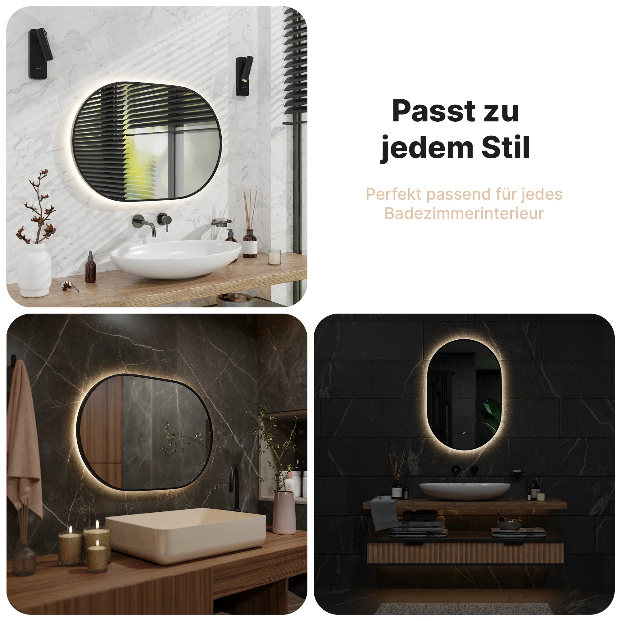 Badezimmerspiegel - 90x60cm - Schwarzer Rahmen - Oval