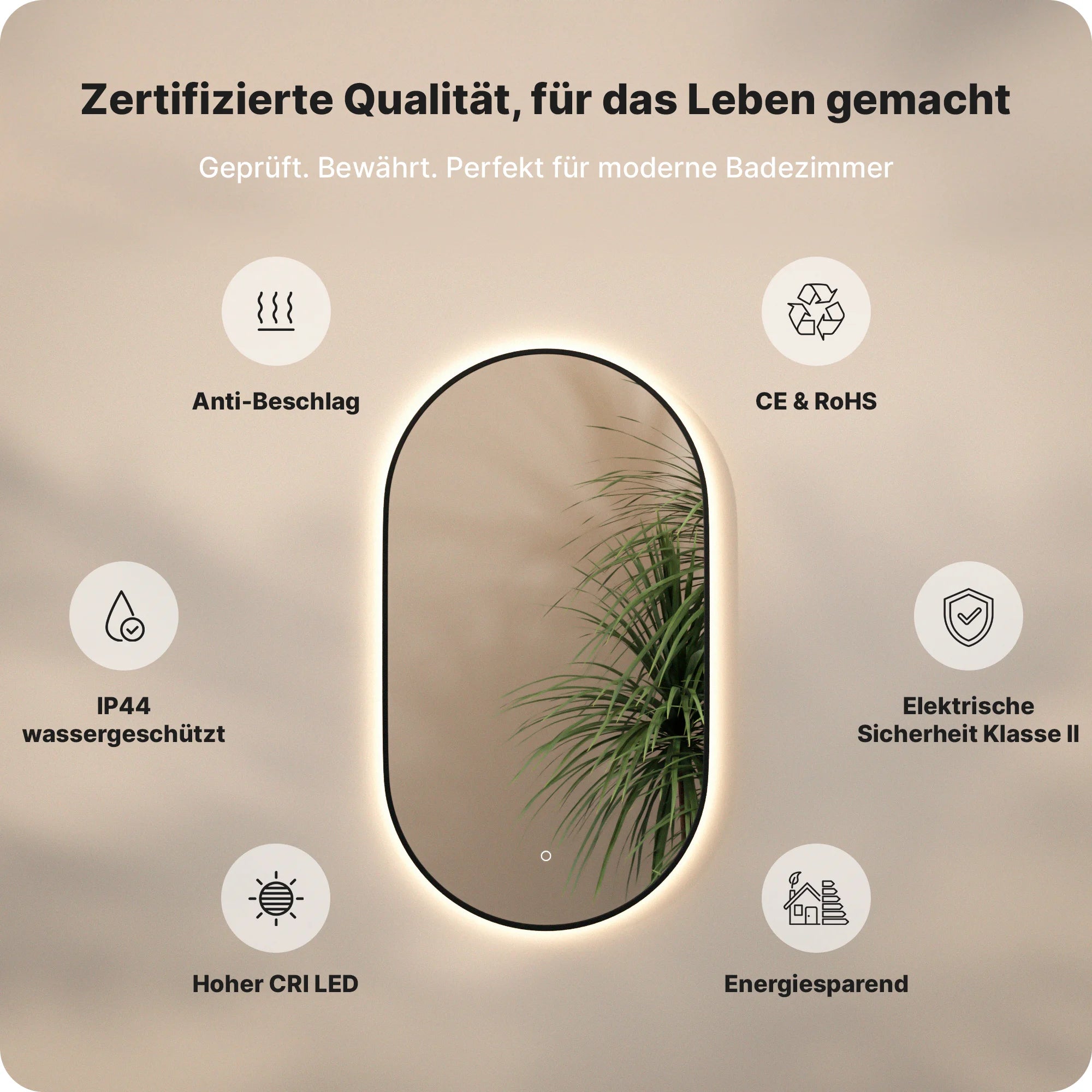Badezimmerspiegel - 90x60cm - Schwarzer Rahmen - Oval