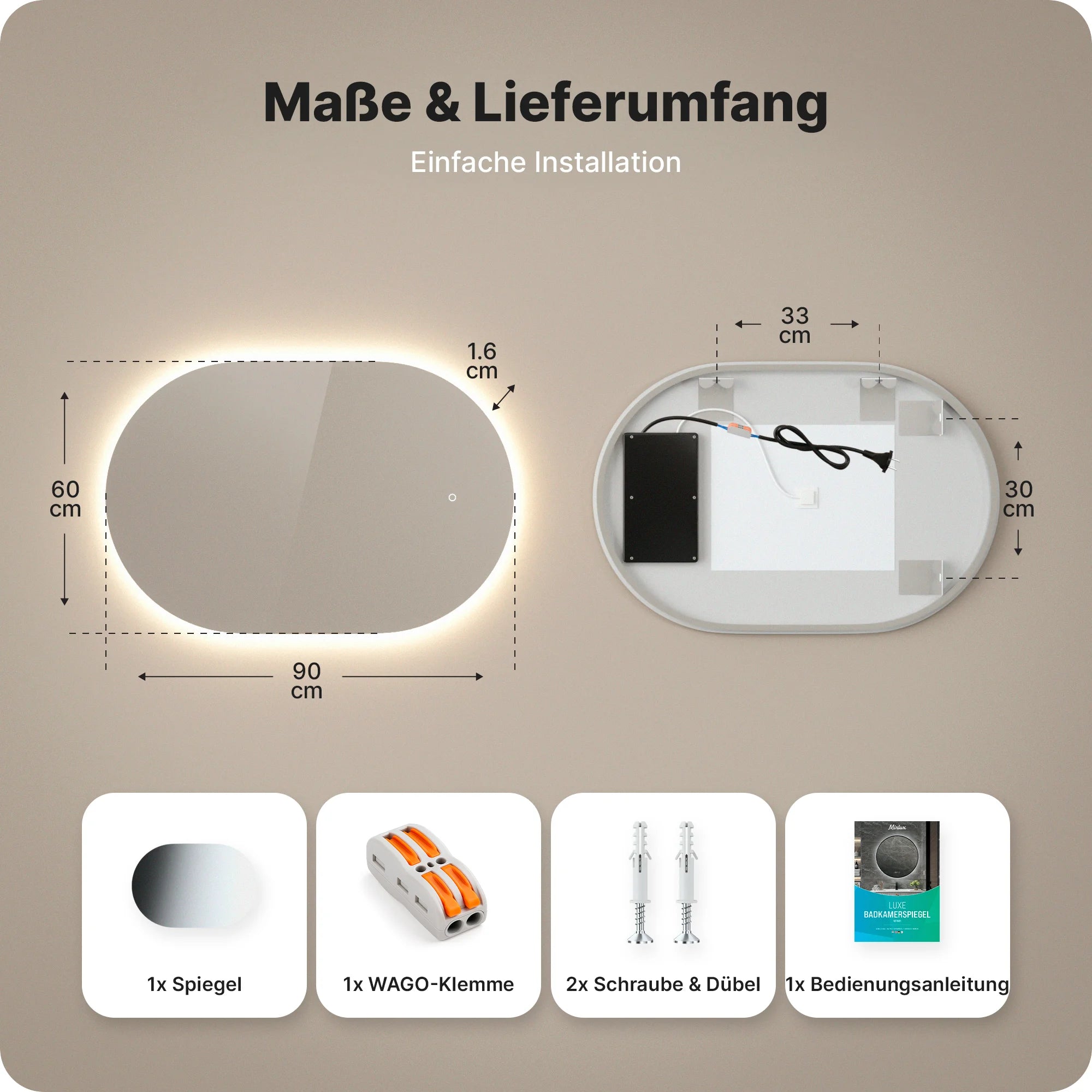 Badezimmerspiegel - Oval - 90x60cm - Rahmenlos - Vorbestellen