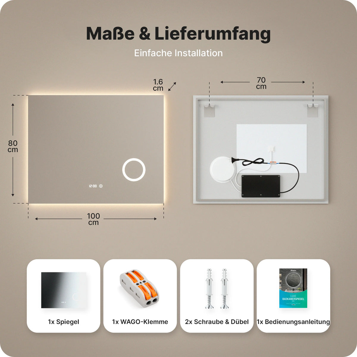 Badezimmerspiegel – 100x80 cm – Rahmenlos - Rechteck - Vorbestellen