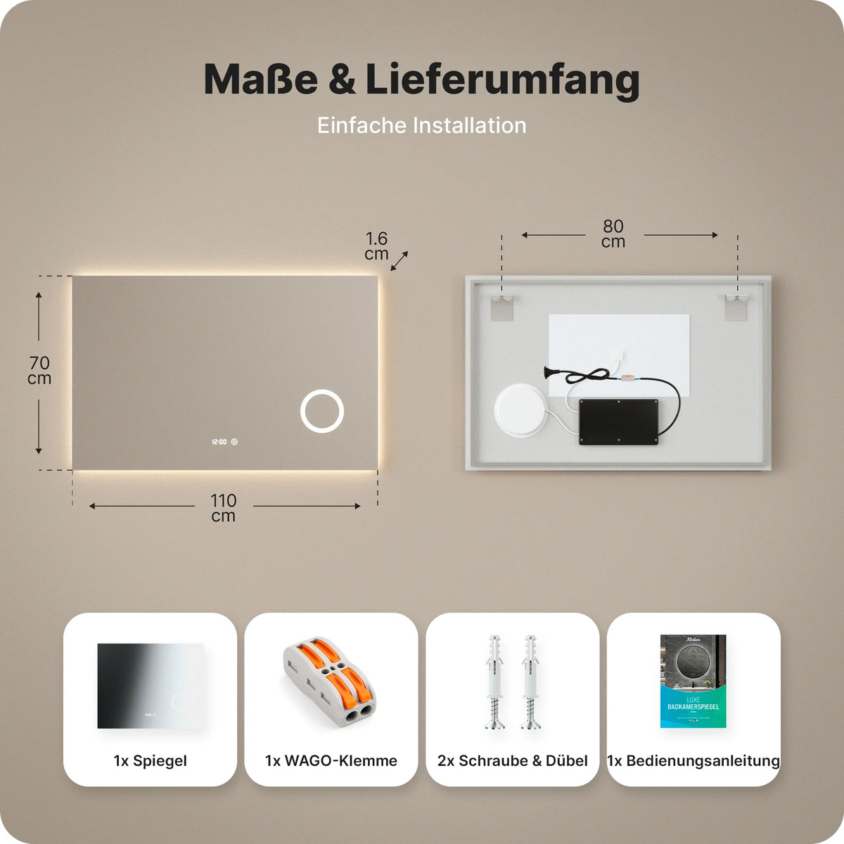 Rechteckiger Badezimmerspiegel – 110x70 cm – Rechteckig – Rahmenlos