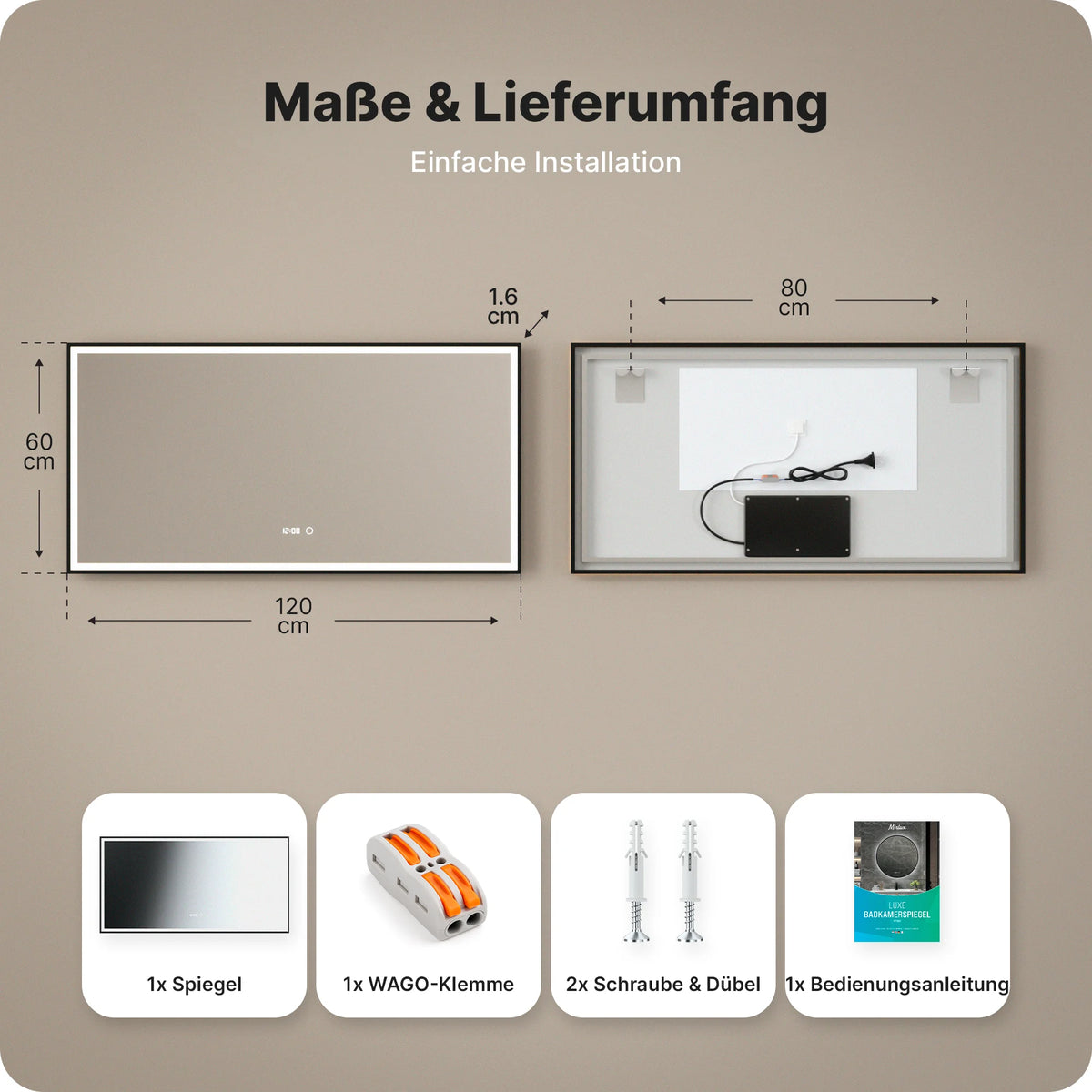 Badezimmerspiegel - 120x60 - Rechteckig - Schwarzer Rahmen - Vorbestellen