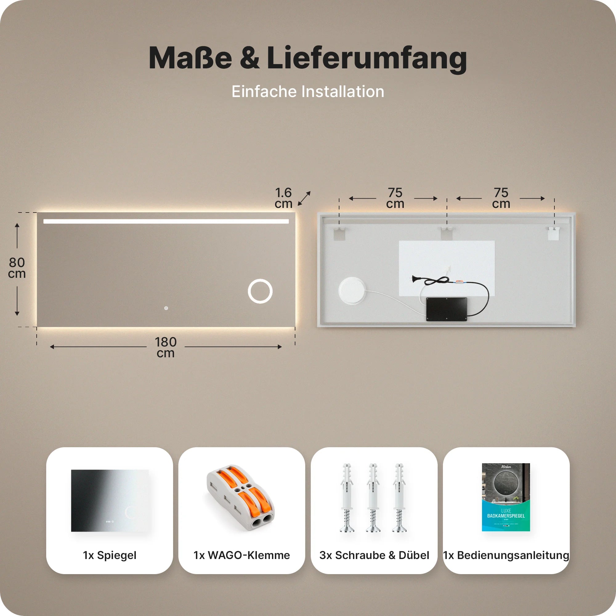 Badezimmerspiegel Rechteck – 180x80 cm – Rahmenlos