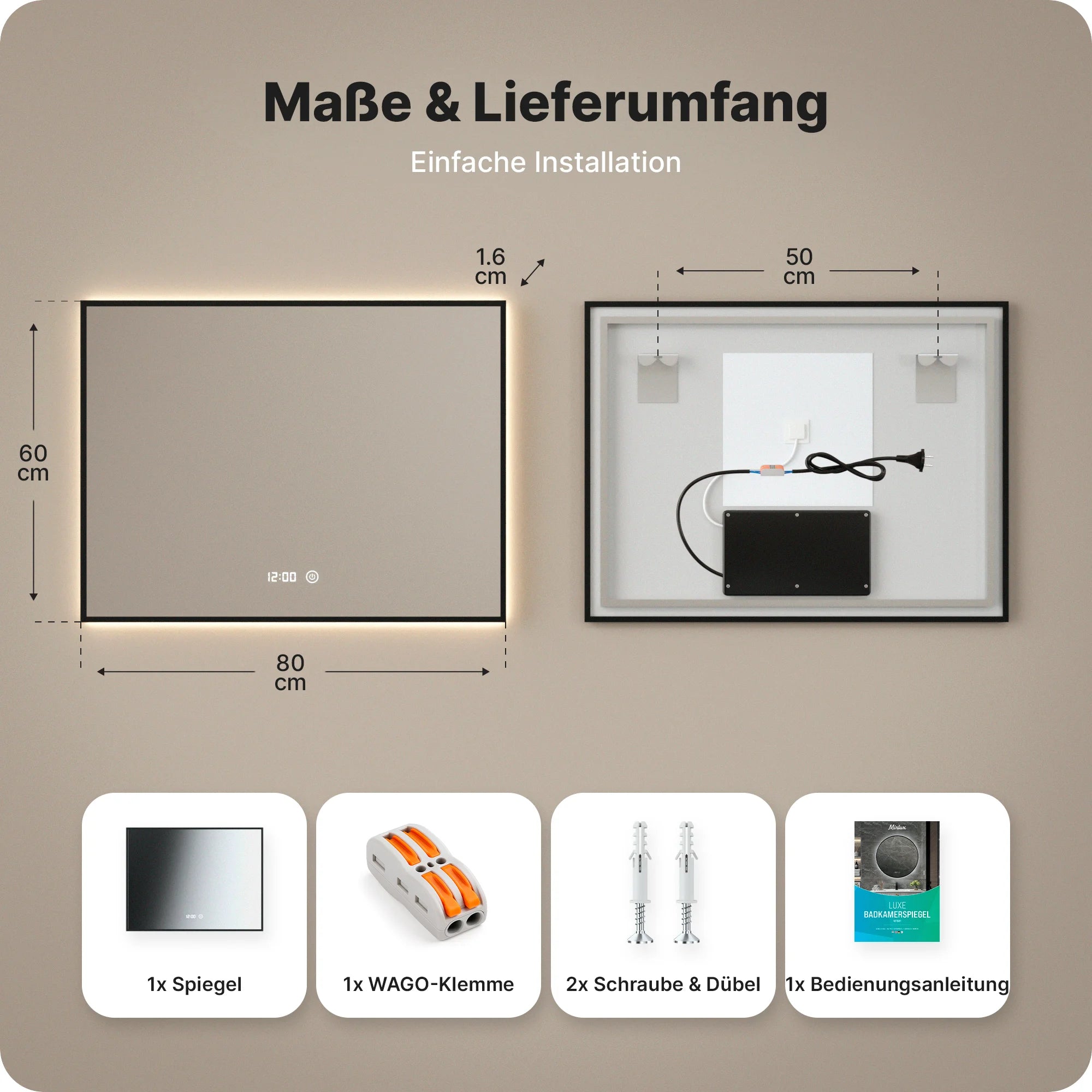 Badezimmerspiegel – 80x60 cm – Schwarzer Rahmen - Rechteck