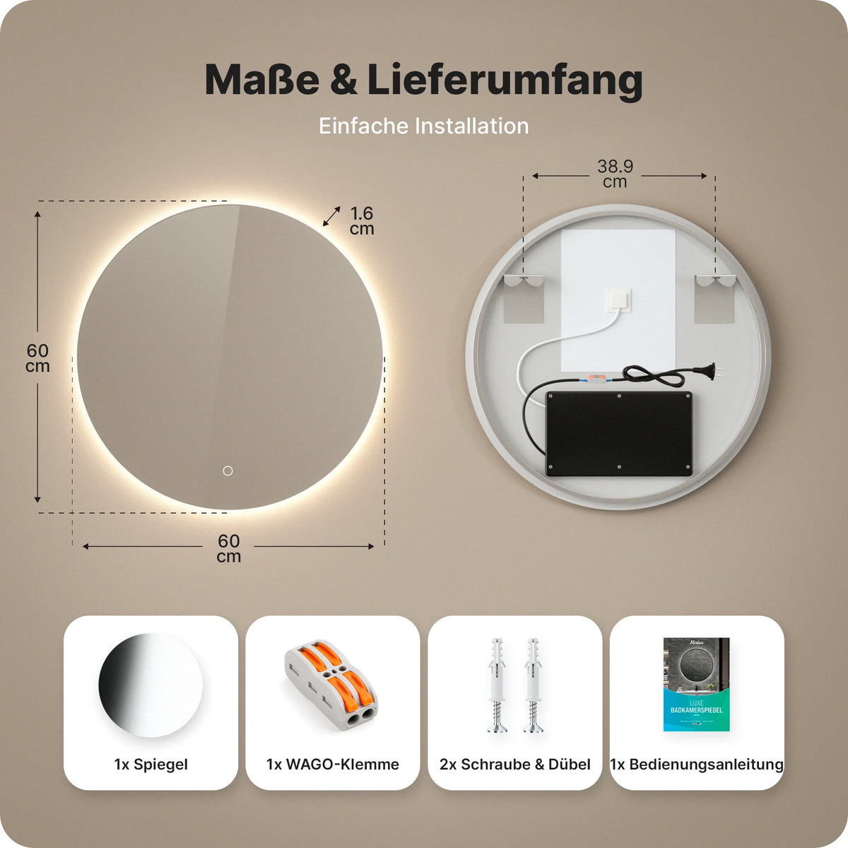 Badezimmerspiegel - Rund - 60cm - Rahmenlos - Vorbestellen