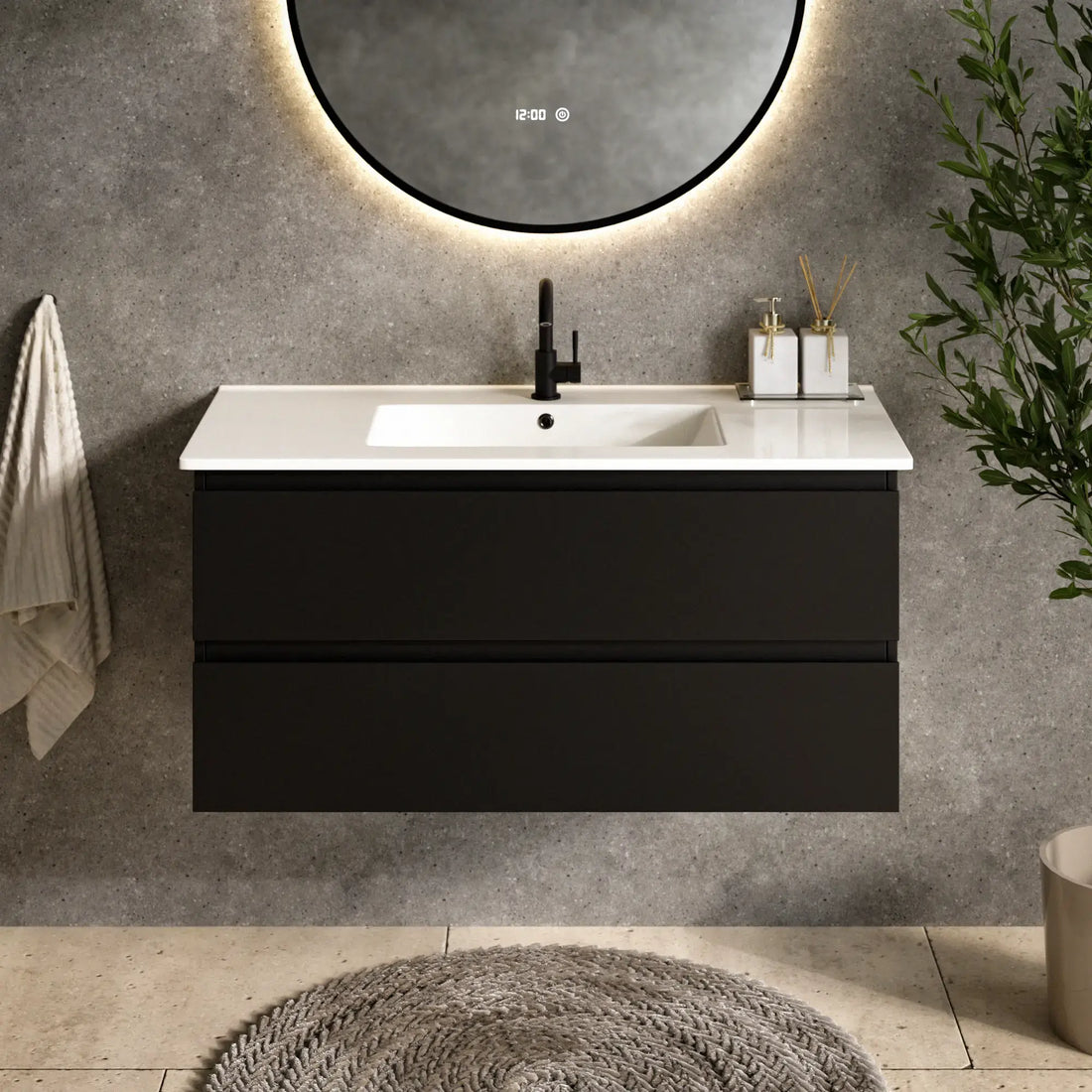 Badezimmermöbel Varo – 100 cm – Schwarz - Weißes Waschbecken