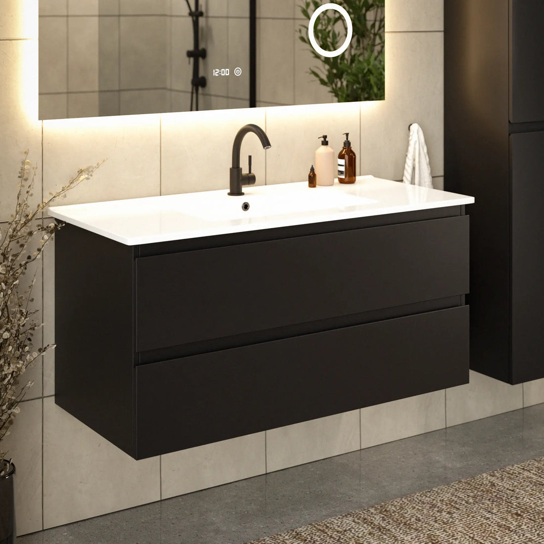 Badezimmermöbel Varo – 100 cm – Schwarz - Weißes Waschbecken
