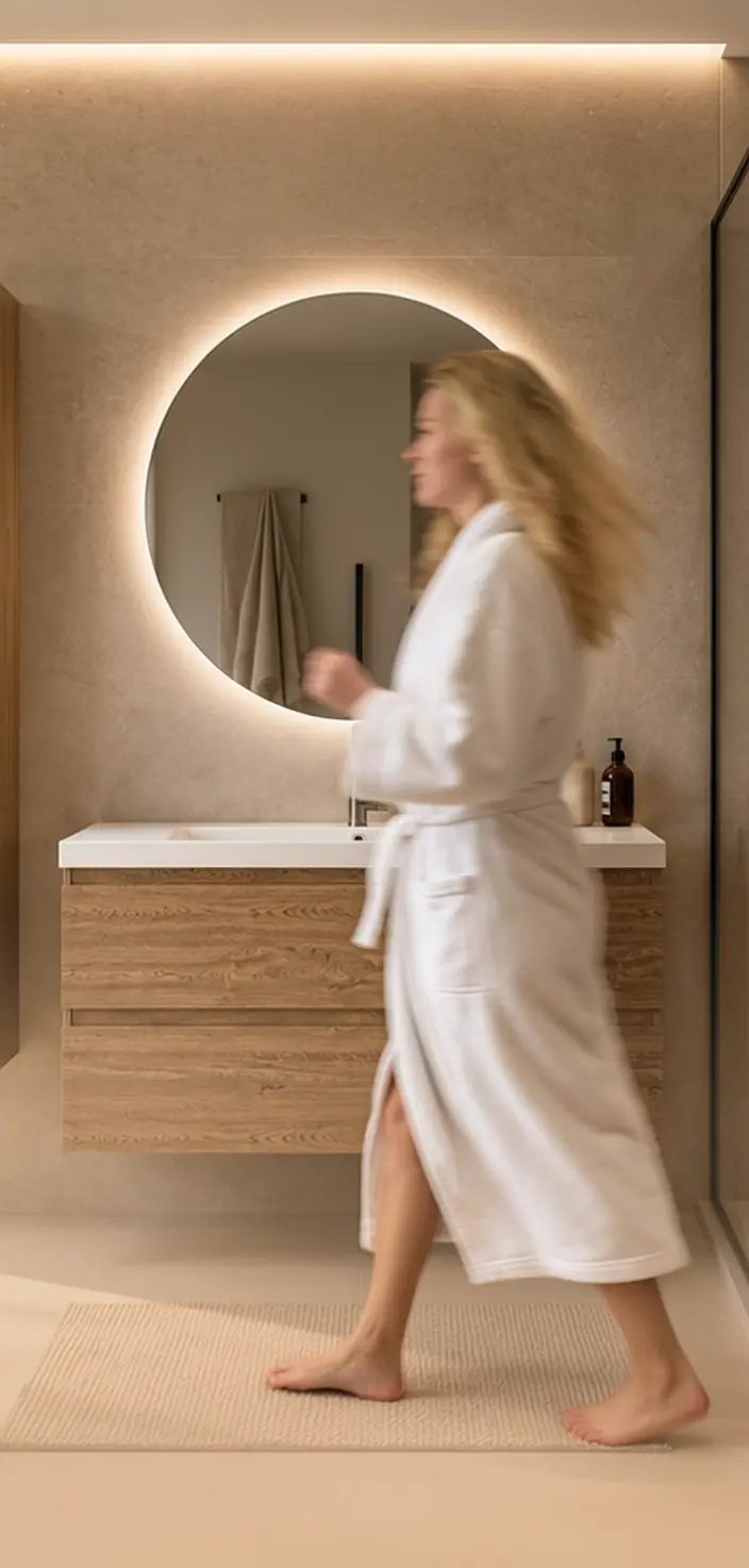 Badezimmer mit rundem beleuchtetem Mirlux-Spiegel und Badezimmermöbel aus Holz